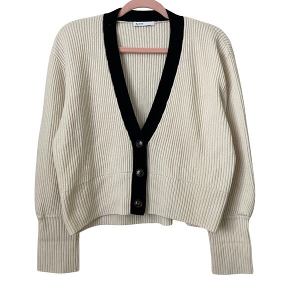 BLDWN Cardigan Women Small Cream Black Sparrow Cashmere Wool Ribbed Knit Sweater - Picture 1 of 12